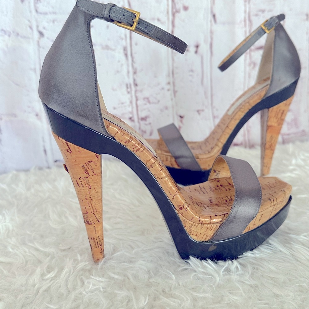 STELLA MCCARTNEY Heels Sz 7 Gray Pewter Sexy Runway Party Ankle Platform Sandals